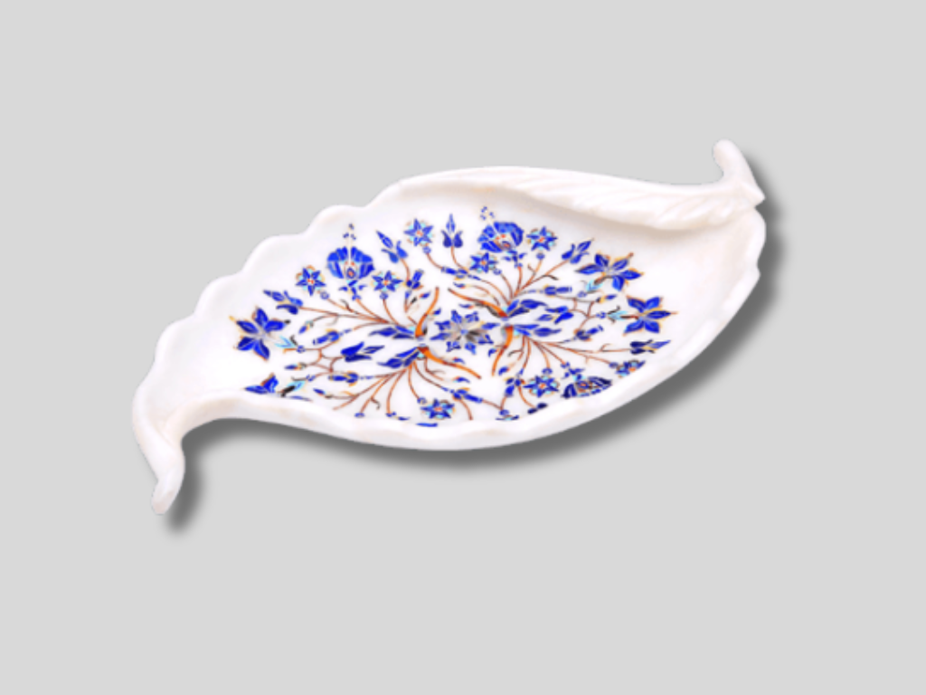 White Top Marble Presentation Bowl Collectible Leaf Shape Lapis Stone Inlaid